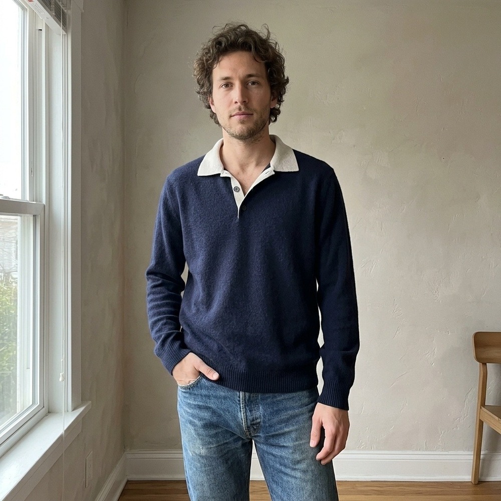 Naadam Mens Polo Sweater Large Navy Blue Contrast Collar Cashmere Long Sleeve